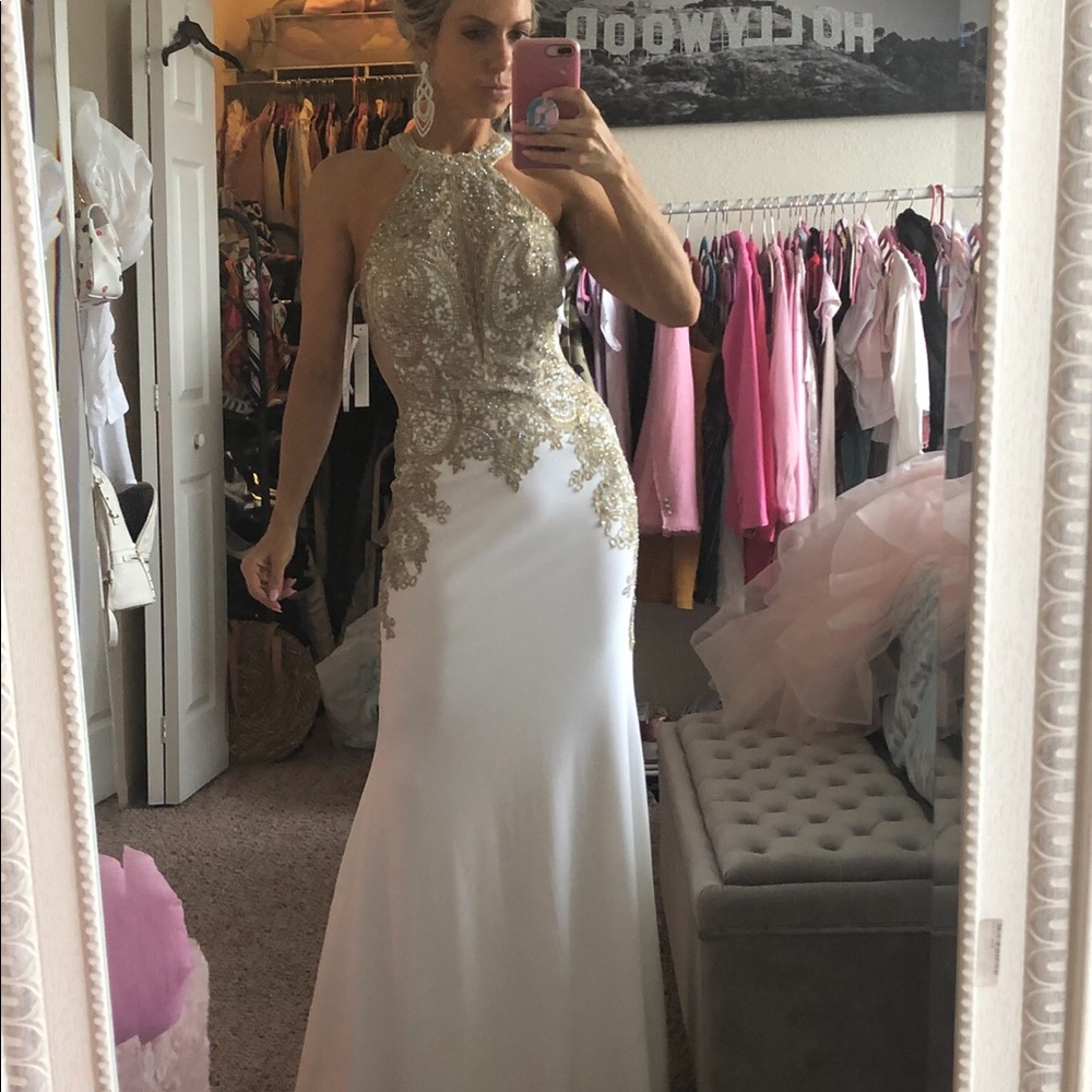 Elegant Evening Gown. White and Gold